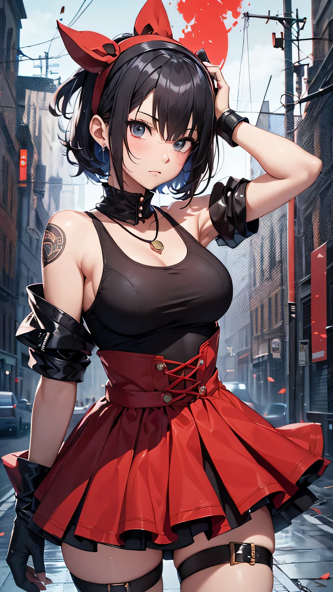 最high quality、best image quality、masterpiece、age girl((18-year-old、 By becoming、vest bust、medium bust,wide open breast tea、black eye, black hair、shortcut、short hair、thin,highest valley、Perforated gloves、Hachimaki、My whole body is full of scars、black tank top、red short skirt、anger expression、red necklace、black stockings、red boots、red heat mask)),high quality、beautiful art、background((Dark road、Red rain、red lighting、Red Moon、bloody road、dark city)),debris flies、Depth of written boundary、movie、visual art、perfect art、8K,genuine