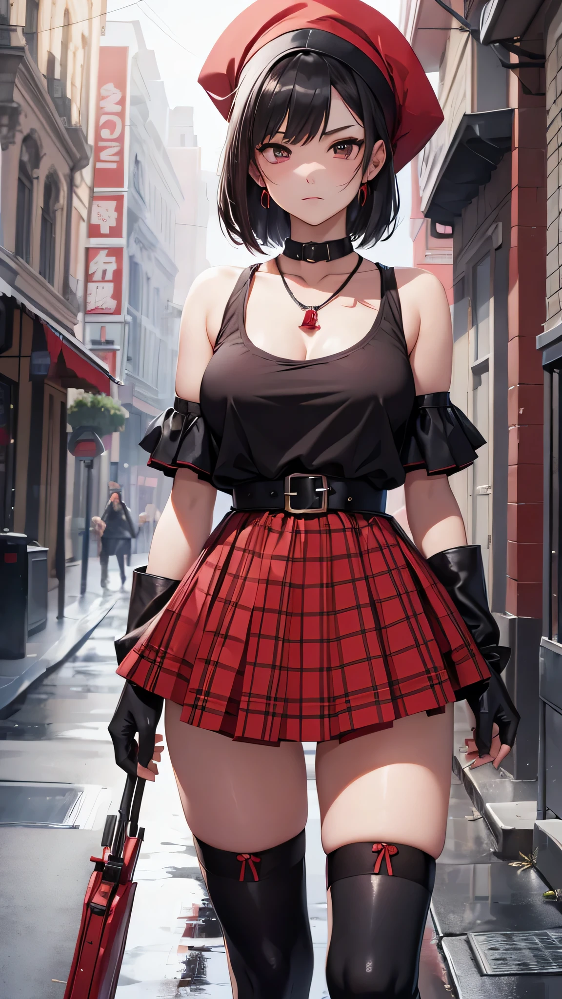 最high quality、best image quality、masterpiece、teenage girl((18-year-old、 By becoming、vest bust、medium bust,wide open breast tea、black eye, black hair、shortcut、short hair、thin,highest valley、Perforated gloves、Hachimaki、My whole body is full of scars、black tank top、red short skirt、anger expression、red necklace、black stockings、red boots、red heat mask)),high quality、beautiful art、background((Dark road、Red rain、red lighting、Red Moon、bloody road、dark city)),debris flies、Depth of written boundary、movie、visual art、perfect art、8K,genuine