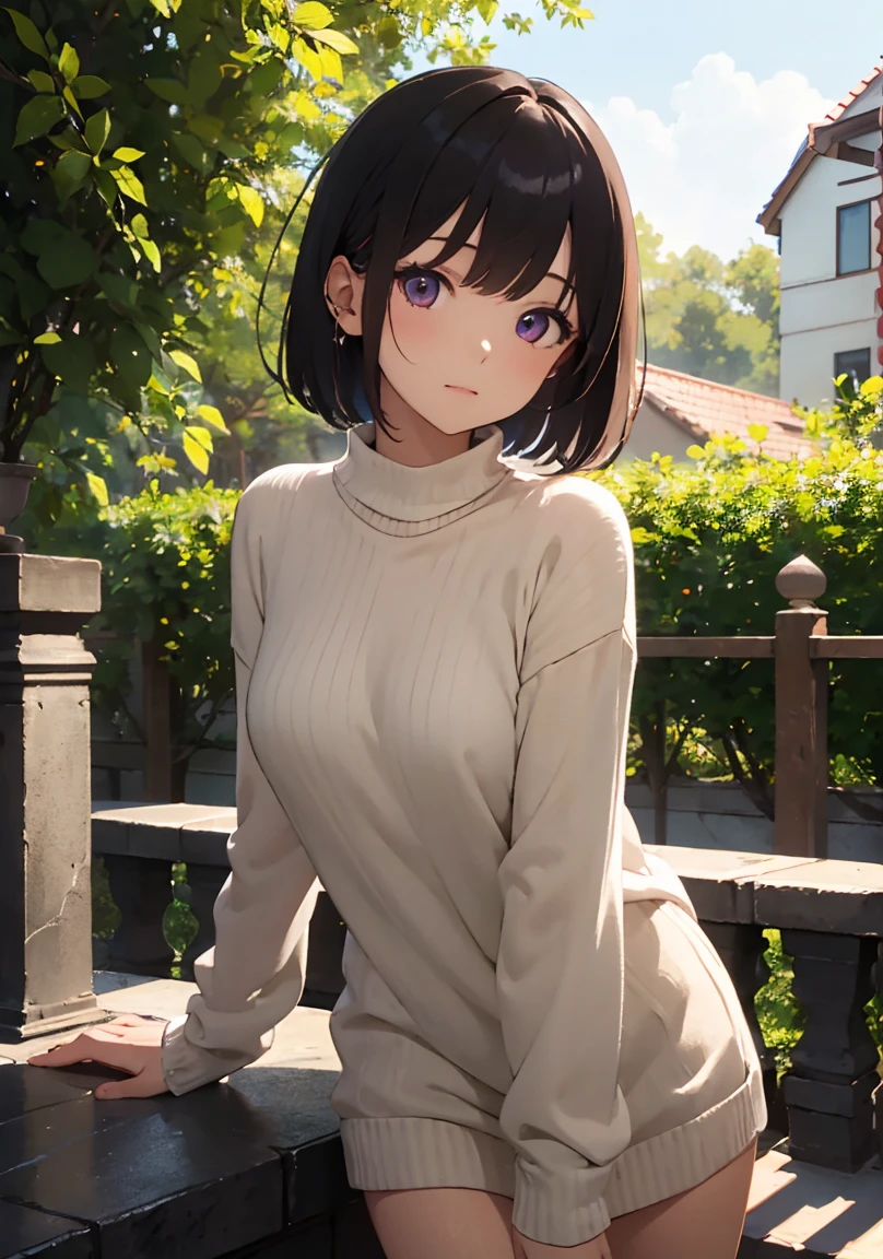 masterpiece, absurdres, best quality, ultra detailed, high Resolution, detailed illustration, extremely beautiful detailed face and eyes, Delicate beautiful face, bright colour, 1girl, cute face, magenta eyes, sparkling eyes, big eyes, medium breasts, (perky breasts:1.1), (pointy breasts:1.1), medium hips, glamorous body, white skin, happy, BREAK, long bob cut, (blonde hair:0.8), messy hair, detailed hair, shiny hair, BREAK Maxi sweater, Pai slash, tiny ribbon, park, real world, natural lights, perfect lighting, outdoor,