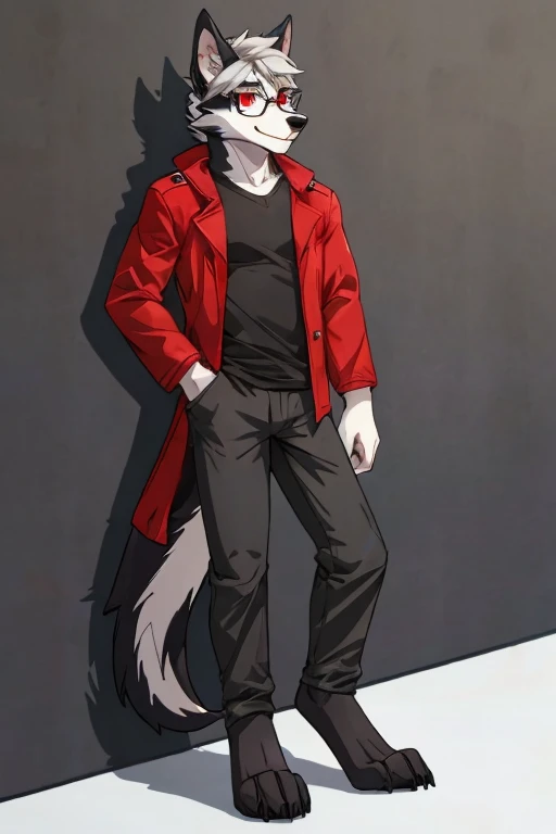 anthropomorphic, male, red eyes, silver hair, wolf, hellhound, (((1boys))), (((black shirt))), (white pants), (red jacket), handsome, grey skin, long digitigrade legs, smiling, (glasses), slender