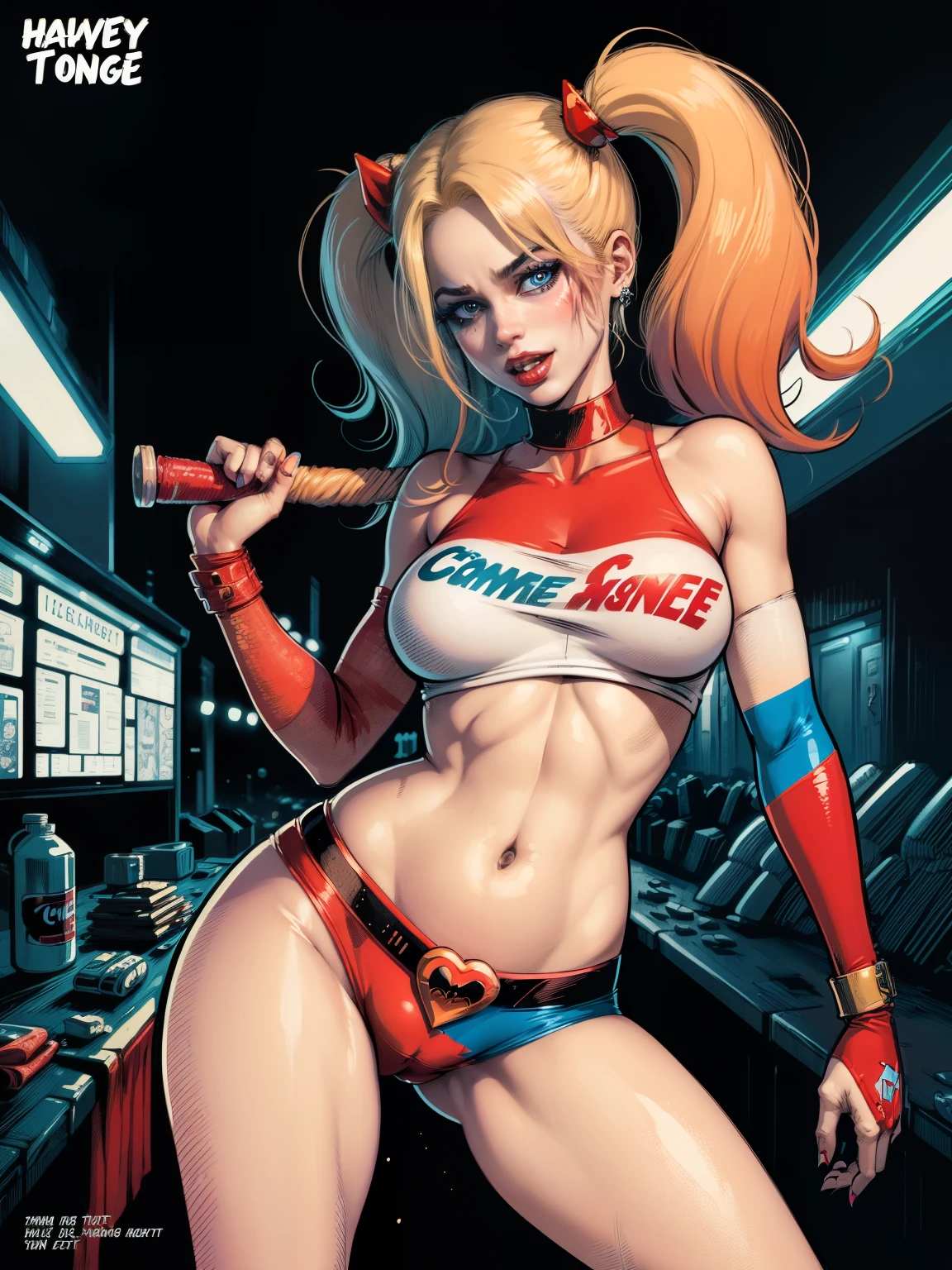 (((COMIC STYLE, CARTOON ART))). A comic-style image of (((Harley Quinn))), with her as the central figure. She is standing with her hands on her hips, looking straight ahead with determination. She wears a red and black costume, with a white and black mask. She has short, straight blonde hair, blue eyes and red lips. (((hot body, sexy, sensual, camel toes))) She is surrounded by a night city, with skyscrapers, bridges and lights. She has a determined and confident expression, as if she is ready to fight crime.
