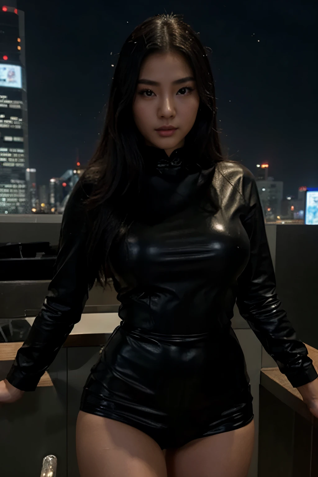 a close up of a woman in a shiny black leather outfit, asian woman, beautiful asian woman, japanese goddess, photorealistic perfect body, asian hyperdetailed, seductive. highly detailed, gorgeous chinese model, beautiful asian woman, asian, asian woman, chinese girl, with dark complexion, korean girl, very sexy outfit, revealing outfit, standing on top of a high rise building at night