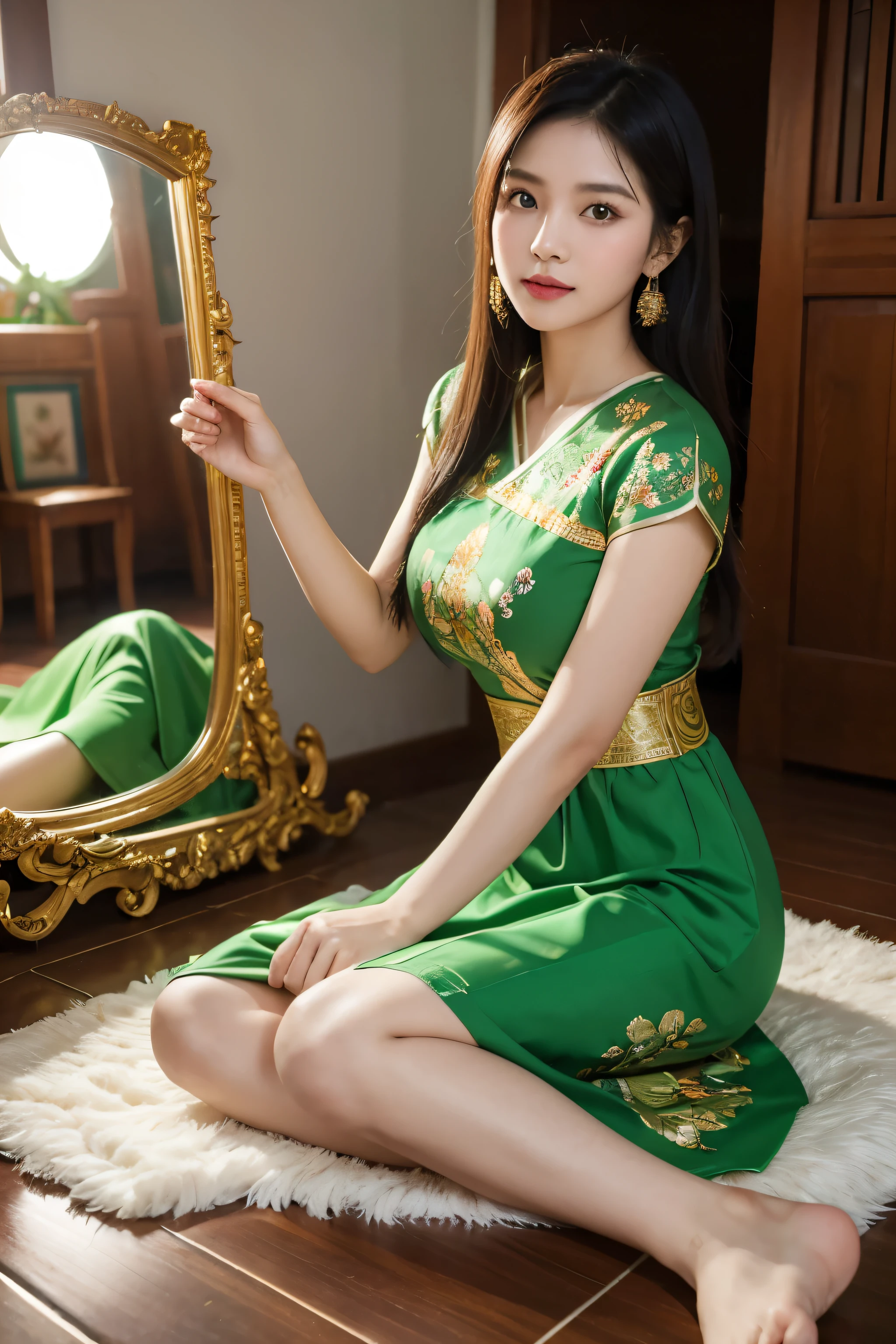 Thai woman sitting in front of mirror wearing traditional green dress. Artwork by Rennovls 2 amidst dynamically interesting cameras. Among the Thai New Year decorations Various flowers and cosmetics Scattered on the ground and debris. beautiful, realistic details, studio lighting.