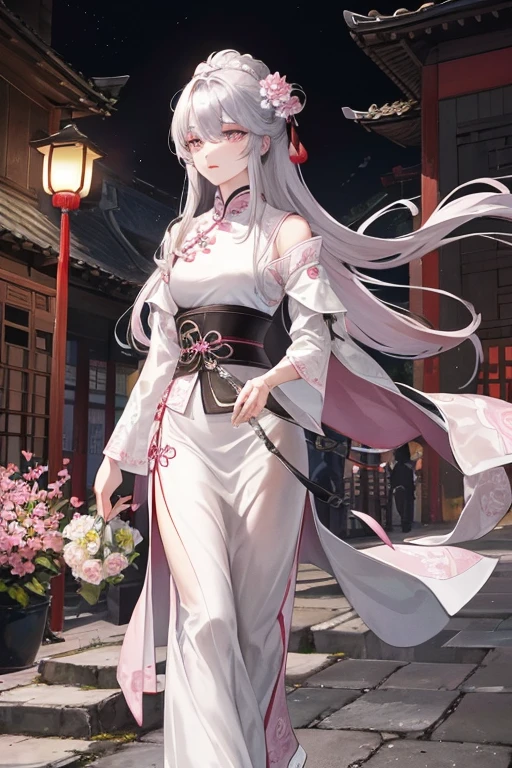 pink panty, Masterpiece, Best Quality, Night, Full Moon, 1 Girl, Mature Woman, Chinese Style, Ancient China, Sister, Royal Sister, Cold expression, expressionless face, Silver white long haired woman, Light pink lips, Calm, Intellectual, Three belts, Gray pupils, Assassin, Short knife, Flower ball background, Strolling in the street scenery