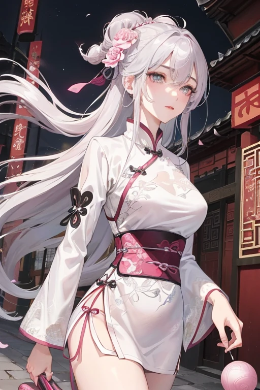 pink , Masterpiece, Best Quality, Night, Full Moon, 1 Girl, Mature Woman, Chinese Style, Ancient China, Sister, Royal Sister, Cold expression, expressionless face, Silver white long haired woman, Light pink lips, Calm, Intellectual, Three belts, Gray pupils, Assassin, Short knife, Flower ball background, Strolling in the street scenery