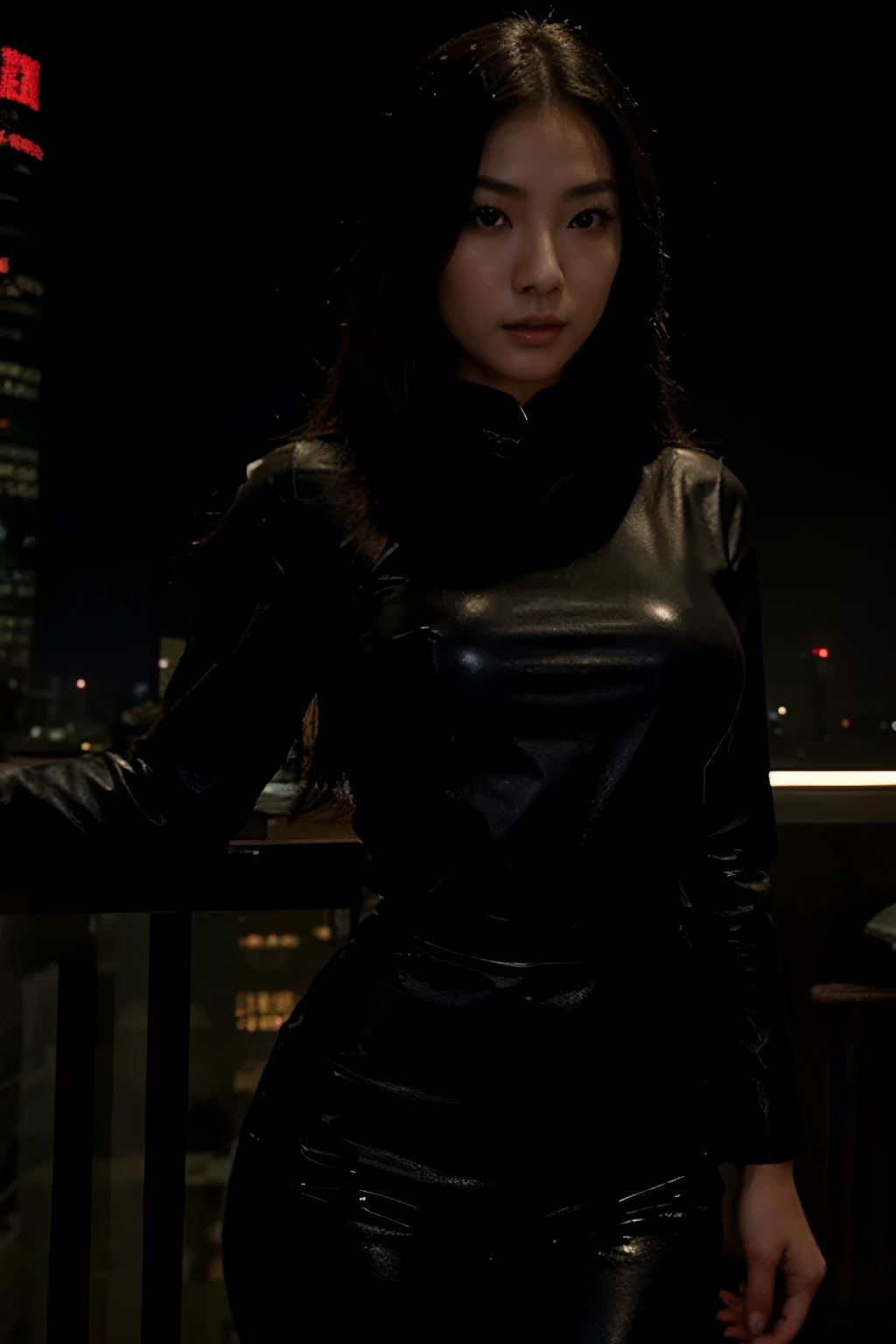 a close up of a woman in a shiny black leather outfit, asian woman, beautiful asian woman, japanese goddess, photorealistic perfect body, asian hyperdetailed, seductive. highly detailed, gorgeous chinese model, beautiful asian woman, asian, asian woman, chinese girl, with dark complexion, korean girl, very sexy outfit, revealing outfit, standing on top of a high rise building at night