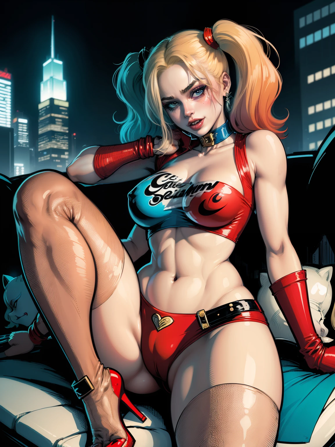 (((COMIC STYLE, CARTOON ART))).  A comic-style image of (((Harley Quinn))), with her as the central figure. She is standing with her hands on her hips, looking straight ahead with determination. She wears a red and black costume, with a white and black mask. She has short, straight blonde hair, blue eyes and red lips.  (((hot body, sexy, sensual, camel toes))) She is surrounded by a night city, with skyscrapers, bridges and lights. She has a determined and confident expression, as if she is ready to fight crime.