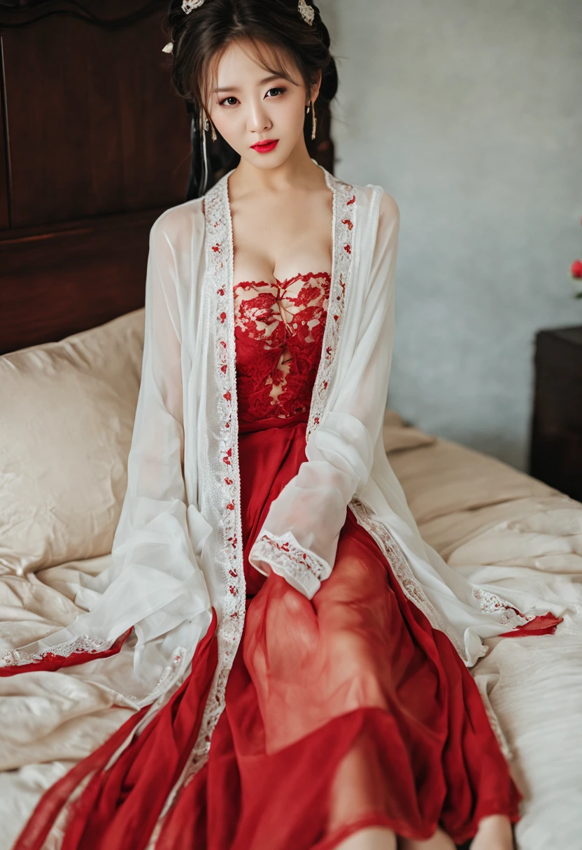 ((top-quality,​masterpiece:1.2,8K,Raw photography,portlate,Reality Photography,Beautiful bright dimming)),(((Bewitching beautiful adult woman,1girl in,22year old))),Smooth and perfect body,(((NONSFW,Luxury red lace lingerie dress,White cardigan,off shoulders,natural make up,Thin makeup))),((((hanfu)))),((F-cup,long and beautiful legs,Female Secretary)),A slight smil,Gentle eyes like a puppy,Beautiful and clear eyes,(nighttime scene,Luxury hotel beds:1.2),big eye,Perfect limbs,(Full Body),(cute face:1.15),(huge breasts:1.2)high-heels,big hips, medium thighs