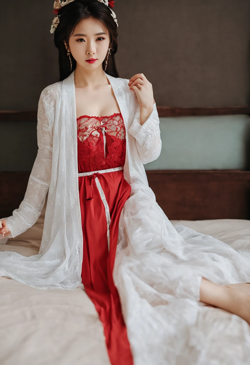 ((top-quality,​masterpiece:1.2,8K,Raw photography,portlate,Reality Photography,Beautiful bright dimming)),(((Bewitching beautiful adult woman,1girl in,22year old))),Smooth and perfect body,(((NONSFW,Luxury red lace lingerie dress,White cardigan,off shoulders,natural make up,Thin makeup))),((((hanfu)))),((F-cup,long and beautiful legs,Female Secretary)),A slight smil,Gentle eyes like a puppy,Beautiful and clear eyes,(nighttime scene,Luxury hotel beds:1.2),big eye,Perfect limbs,(Full Body),(cute face:1.15),(huge breasts:1.2)high-heels,big hips, medium thighs