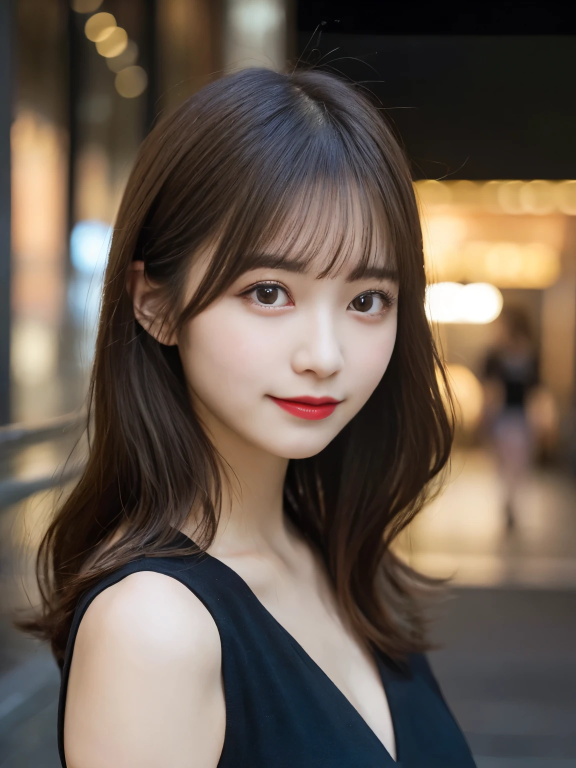 muste piece, best quality, illustration, Super detailed, fine details, High resolution, 8K Dende Wallpaper, perfect dynamic composition, beautiful detailed eyes, she is wearing a black one-piece dress,medium hair,natural color lip, shy smile,Harajuku style、20 year old girl、There is only one person, bust up photo、Correct posture、stretch your back、Never show your hands、Stand up straight、cute type、looking at camera、C Cup、golden hair、Don't touch it、Blurry night pool background