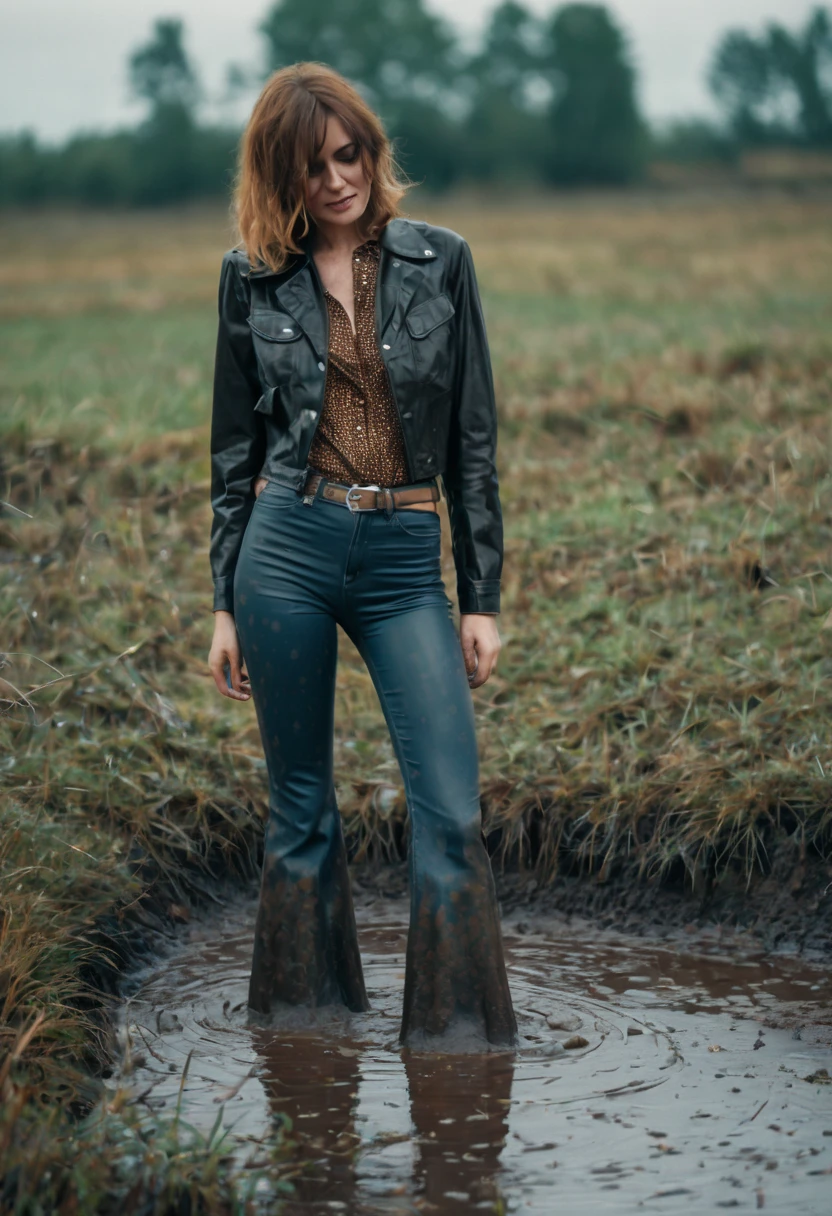 (aesthetic,70s style),(shy,intelligent:1.1),(woman:1.1),(high waisted,vintage,tight-fitting,flared jeans),(leather jacket:1.1),(can't hide:0.9,sexual tension),(indulging fetish),(drowning in swamp:1.4),(best quality,4k,8k,highres,masterpiece:1.2),(ultra-detailed),(realistic,photorealistic,photo-realistic:1.37),(HDR,UHD),(studio lighting),(extreme detail description),(professional,vivid colors),(portraits,landscape)