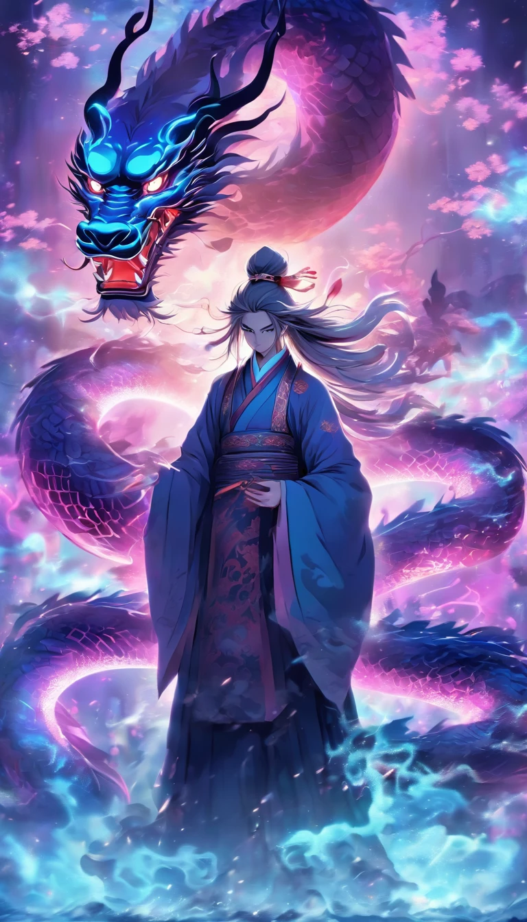 Chinese style，The medium scene is，Taoist priest stands in front of a huge transparent Chinese dragon，stretch out your hands，messy long hair，glow effect，surreal，Super real photos，Chinese black and white ink style，purple，discoloration，soil，ink，8k，Super fine，high quality，Overclocked renderer