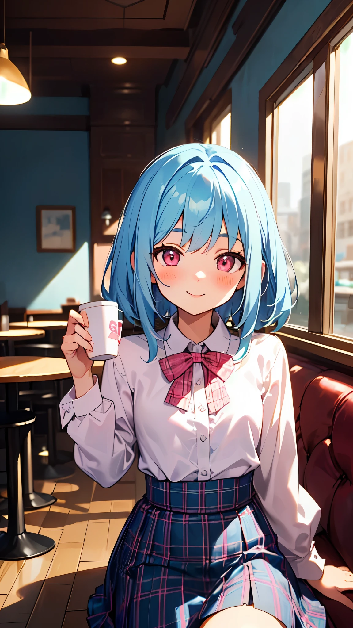 masterpiece、highest quality、1 girl、calm expression、(((16 year old girl、light blue hair、round pink eyes、smile、blush、small breasts、White blouse shirt、plaid skirt)))、(sitting with a cup)、((bright indoors、Cafe))、(sharp focus) :1.2)、Professional Writing、photon mapping、radio city、Physically Based Rendering