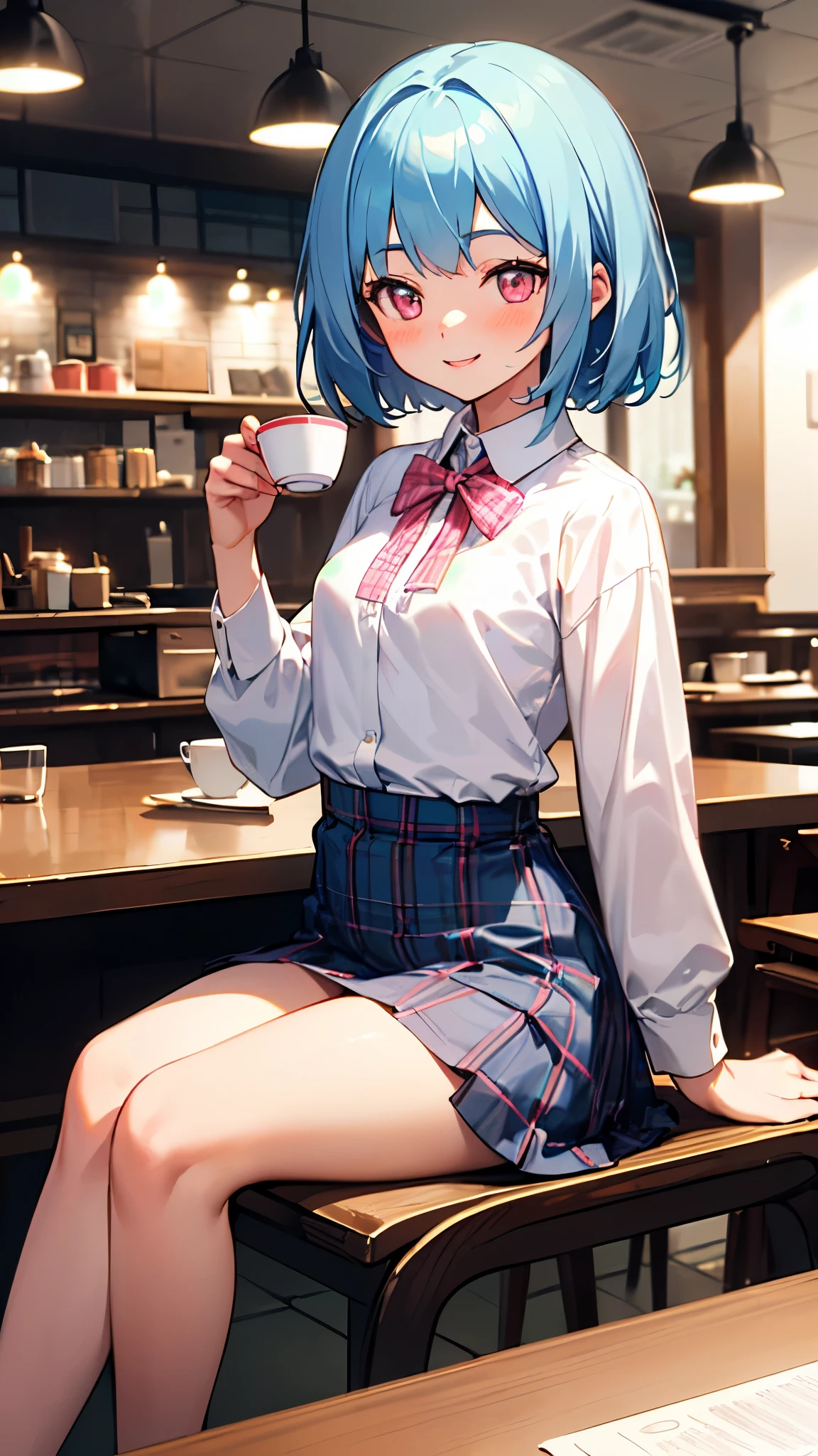 masterpiece、highest quality、1 girl、calm expression、((( girl、light blue hair、round pink eyes、smile、blush、small breasts、White blouse shirt、plaid skirt)))、(sitting with a cup)、((bright indoors、Cafe))、(sharp focus) :1.2)、Professional Writing、photon mapping、radio city、Physically Based Rendering