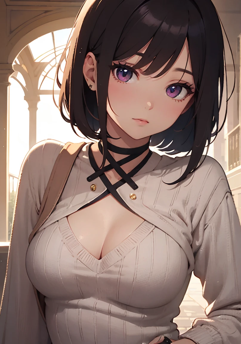 masterpiece, absurdres, best quality, ultra detailed, high Resolution, detailed illustration, extremely beautiful detailed face and eyes, Delicate beautiful face, bright colour, 1girl, cute face, magenta eyes, sparkling eyes, big eyes, medium breasts, (perky breasts:1.1), (pointy breasts:1.1), medium hips, glamorous body, white skin, happy, BREAK, long bob cut, (blonde hair:0.8), messy hair, detailed hair, shiny hair, BREAK Maxi sweater, Pai slash, tiny ribbon, park, real world, natural lights, perfect lighting, outdoor,