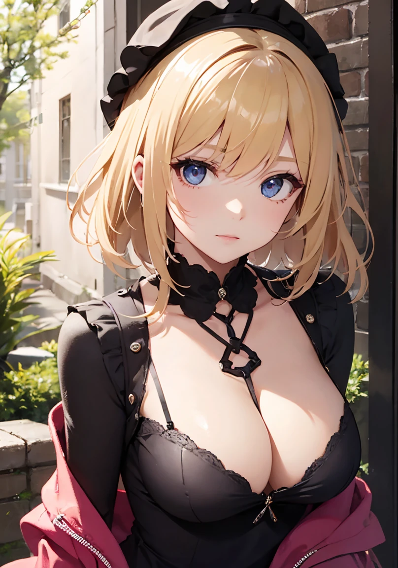 masterpiece, absurdres, best quality, ultra detailed, high Resolution, detailed illustration, extremely beautiful detailed face and eyes, Delicate beautiful face, bright colour, 1girl, cute face, magenta eyes, sparkling eyes, big eyes, medium breasts, (perky breasts:1.1), (pointy breasts:1.1), medium hips, glamorous body, white skin, happy, BREAK, long bob cut, (blonde hair:0.8), messy hair, detailed hair, shiny hair, BREAK Maxi sweater, Pai slash, tiny ribbon, park, real world, natural lights, perfect lighting, outdoor,