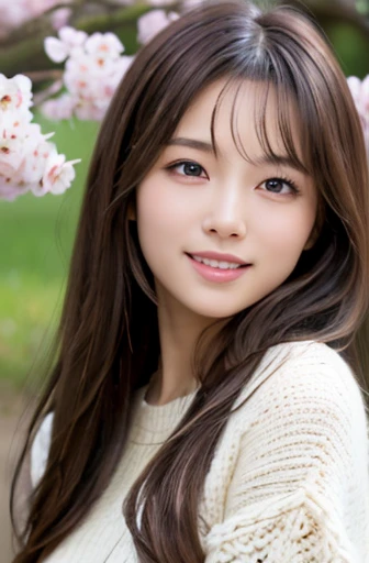 highest quality, soft light, ultra high resolution, (realistic:1.4), full_body,RAW photo, 1 Japanese girl, alone, cute, (pupil, There's a light in my eyes), detailed beautiful face,(High resolution details of human skin texture), (long hair), outdoor,skirt, (portrait),spring,big smile,knit