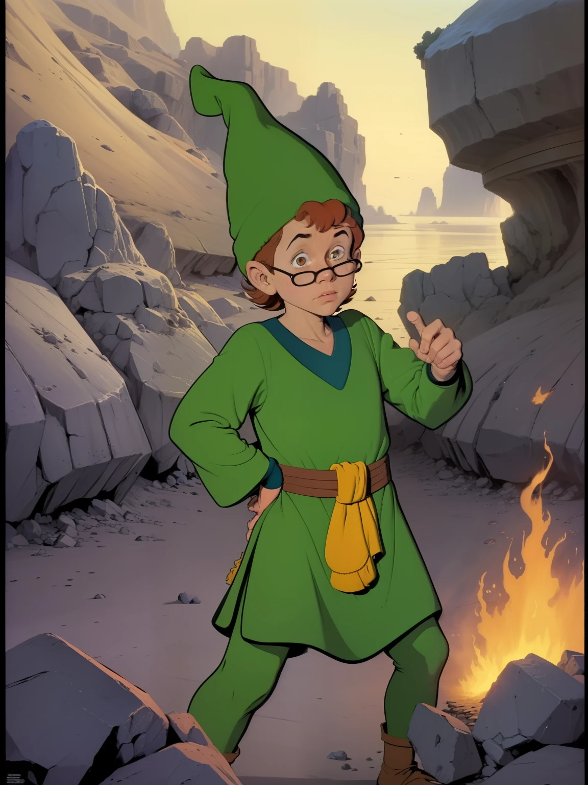 (((COMIC STYLE, CARTOON ART))). ((A Movie poster style)), image of Presto, 14 years old, wearing a long green tunic, with him as the central figure. He is standing, his hands holding a wizard's GREEN hat, (((PRACTICING MAGIC WITH THE GREEN BEANIE))). He wears a green suit. He has brown hair, brown eyes. ((He is surrounded by a dark cave)), with rocks, crystals and dust. He has an insecure and shy expression, as if he is about to perform a magic trick.. D&D style . 