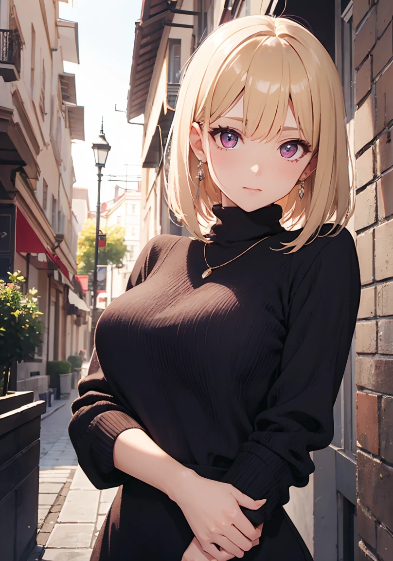 masterpiece, absurdres, best quality, ultra detailed, high Resolution, detailed illustration, extremely beautiful detailed face and eyes, Delicate beautiful face, bright colour, 1girl, cute face, magenta eyes, sparkling eyes, big eyes, medium breasts, (perky breasts:1.1), (pointy breasts:1.1), medium hips, glamorous body, white skin, happy, BREAK, long bob cut, (blonde hair:0.8), messy hair, detailed hair, shiny hair, BREAK Maxi sweater, Paislash, tiny ribbon, park, real world, natural lights, perfect lighting, outdoor,