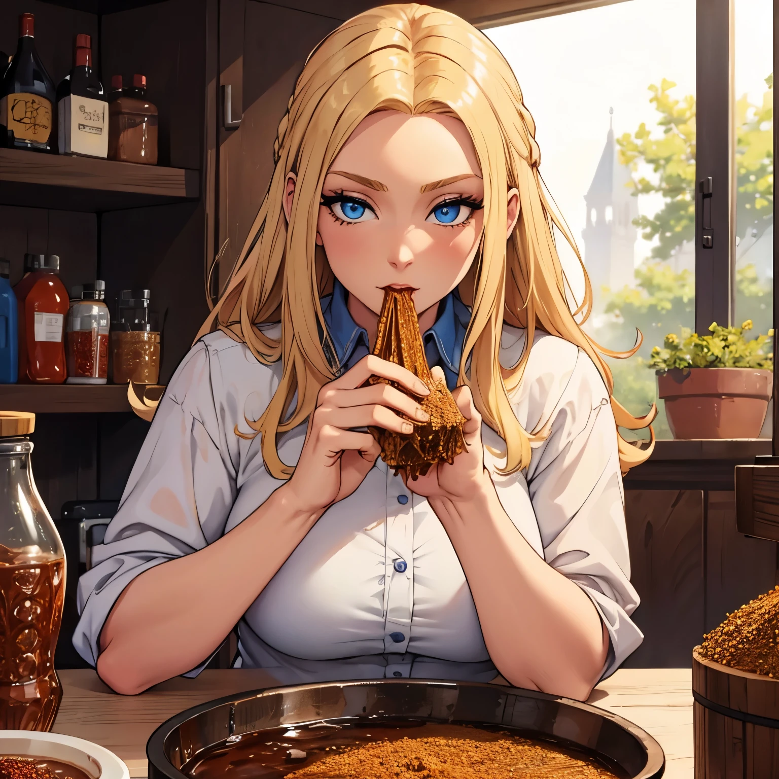 Blonde woman with blue eyes eating spices