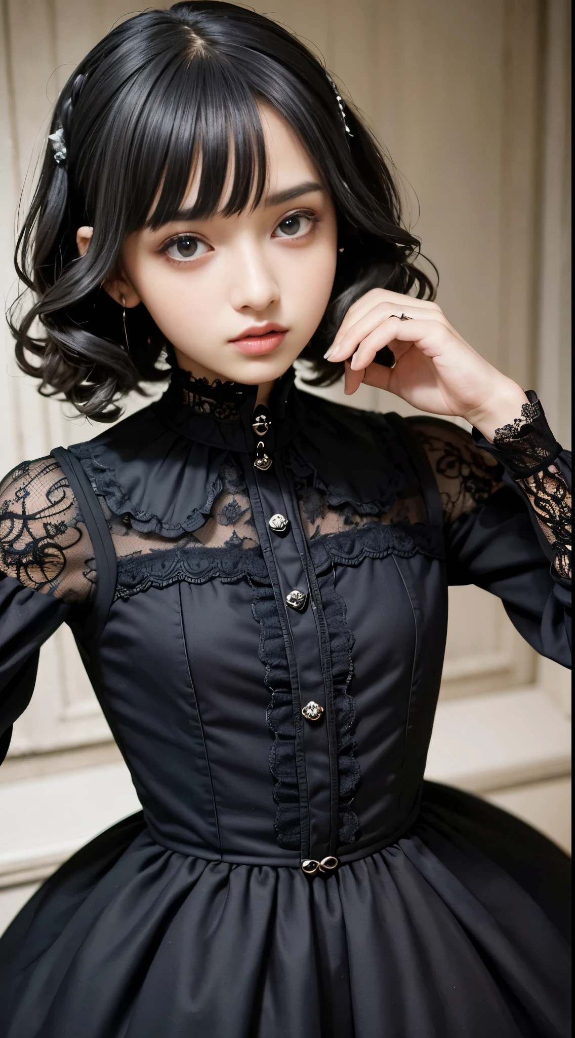 (((Masterpiece, top quality, ultra-detailed: 1.5)), (((1 Infinity Mage Girl)), ,
((Very detailed face: 1.4)), small thin nose, small thin-lipped mouth,
((Very sharp focused eyes: 1.3)), very large slit precision pale grey eyes,
sparkling like jewels. very very short bob cut black hair, curled with intricate ringlets, ((thick bangs: 1.1)), ((Steampunk fashion: 0.8)), ((Gothic Lolita fashion: 0.8)).