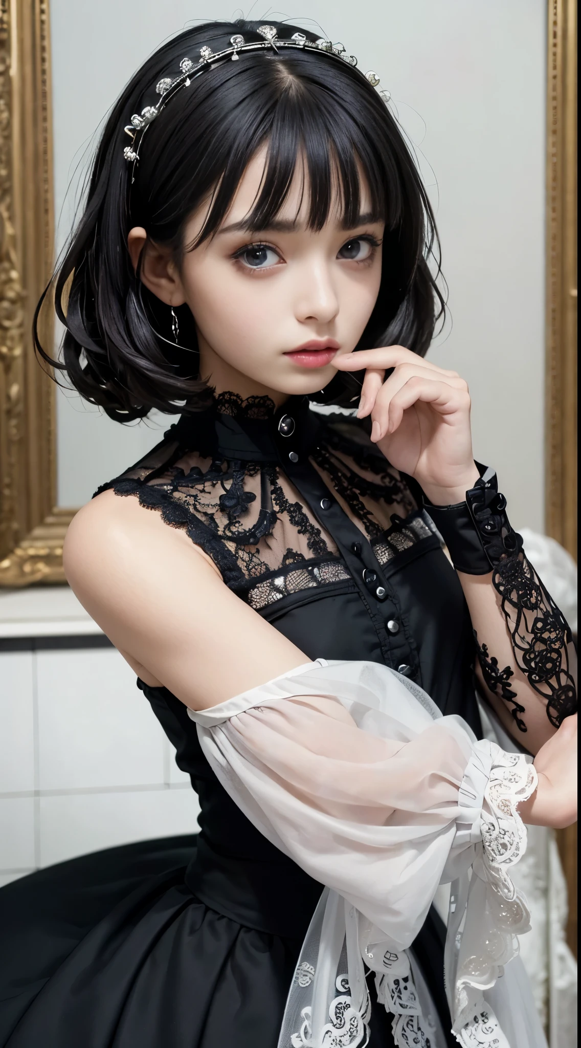 (((Masterpiece, top quality, ultra-detailed: 1.5)), (((1 Infinity Mage Girl)), 14 years old,
((Very detailed face: 1.4)), small thin nose, small thin-lipped mouth,
((Very sharp focused eyes: 1.3)), very large slit precision pale grey eyes,
sparkling like jewels. very very short bob cut black hair, curled with intricate ringlets, ((thick bangs: 1.1)), ((Steampunk fashion: 0.8)), ((Gothic Lolita fashion: 0.8)).