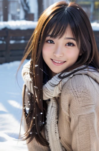 highest quality, soft light, ultra high resolution, (realistic:1.4), full_body,RAW photo, 1 Japanese girl, alone, cute, (pupil, There&#39;s a light in my eyes), detailed beautiful face,(High resolution details of human skin texture), (long hair), outdoor,skirt, (portrait),winter,big smile,knit,snow