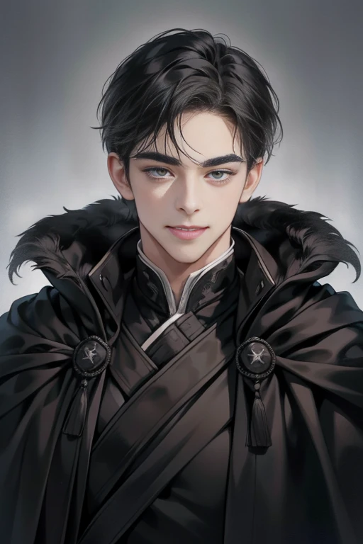 masterpiece, highest quality, realistic, 1 man, mature men, Quiet and charming young man, 25 years old, grin, closed mouth, portrait, highly detailed face, 寒さとgrin, ((dark gray eyes)), ((short right swept black hair)), [thick eyebrows], Dark palace, ((Long black cloak)), ((All Black)), (dark gray eyes)