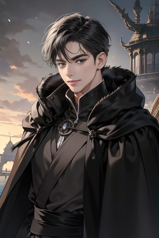 masterpiece, highest quality, realistic, 1 man, mature men, Quiet and charming young man, 25 years old, grin, closed mouth, portrait, highly detailed face, 寒さとgrin, ((dark gray eyes)), ((short right swept black hair)), [thick eyebrows], Dark palace, ((Long black cloak)), ((All Black)), (dark gray eyes)