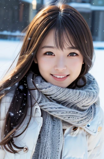 highest quality, soft light, ultra high resolution, (realistic:1.4), full_body,RAW photo, 1 Japanese girl, alone, cute, (pupil, There's a light in my eyes), detailed beautiful face,(High resolution details of human skin texture), (long hair), outdoor,skirt, (portrait),winter,big smile,knit,snow