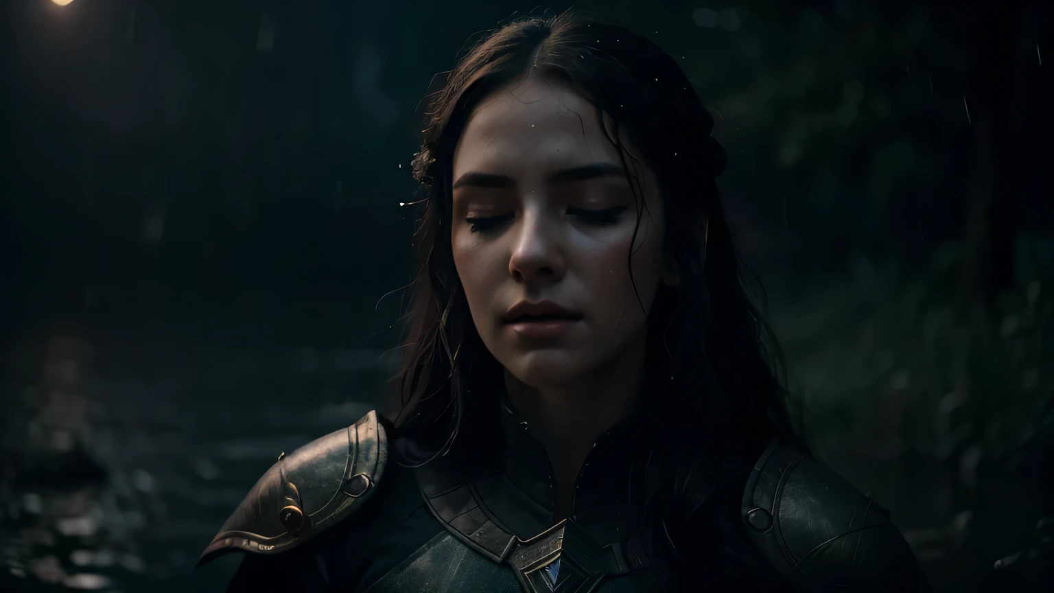 Elara closed her eyes, thinking, fantasy style, cinematic, detailed, 8k, sharp focus, dark fantasy style, at evening during rain, beautiful and aesthetic, photography, cinematic, 8k, high detailed, detailed face.