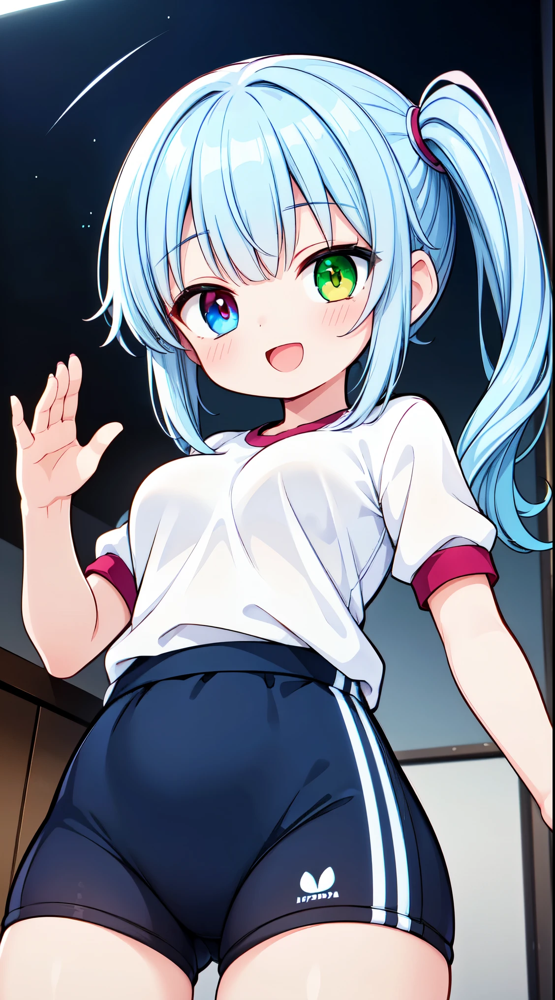 (super fine illustration:1.2),(masterpiece, 8k), (best quality, high quality:1.4), perfect anatomy, hyper detailed, ultra detailed,masterpiece background,beautiful detailed background, v8k wallpaper,perfect design,award-winning art,atmospheric,
BREAK, 1 beautiful girl, ( girl),Solo,(Cute:1.5),(Chibi:0.6),(kawaii:1.5),(:0.5),BREAK,(17 years oldautiful girl,Very detailed,colourfull,highest details,Clear skin,Beautiful skin,Shy,Very detailed,colourfull,highest details,BREAK,Clear skin,Beautiful skin,Shy skin,BREAK,(Heterochromia,blue eyes,Green eyes, Eye Highlights,The first hyperfine stars:1.45),star eye silhouette ,BREAK,(pale blue hair, Medium length:1.4),(side ponytail,A little curly hair,Princess Cut, crossed bangs:1.3),(large breasts,Beautiful breasts(best quality face),(Top quality glowing eyes),(The best smile,:D:1.45),
BREAK white ribbon,((white shirt)),((gym navy blue clothes)),white sox,standing,whole body,High five,school classroom,
BREAK,wakame,wakame,wakame,(from below,cowboy shot:1.5) , hanging breasts, nose blush, heavy breathing, steam, ((:o):1.2)
BREAK,(Blurry background:1.3),(absurderes, hight resolution, Super Detail Art),cel shading,Clear Color, Lonely optical effect, Beautiful pictures, Bright glow, mystic atmosphere,(Close-up of girl:0.8), Mystical light particle effect,manga influence, clean line drawings