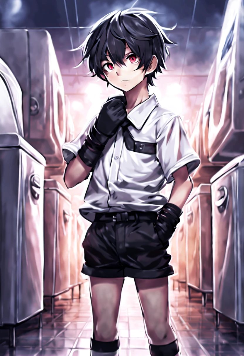 8K quality,Unparalleled strokes ,clear,wearing a tights,Shota,a boy,,anime image,killeghting stance,Wear black shorts,Wear black tights,Wear black gloves,Wear black combat boots,Large crotch,Toilet background,cold eyes