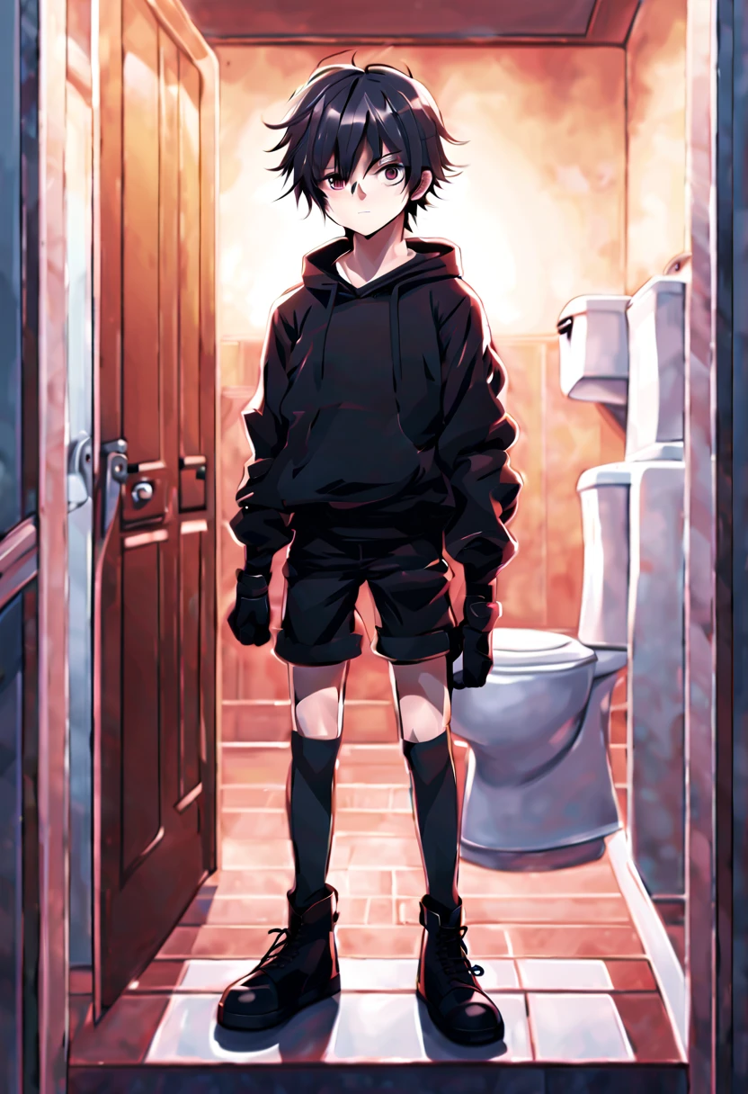 8K quality，Unparalleled strokes ，clear，wearing a tights，Shota，a boy，，anime image，killeghting stance，Wear black shorts，Wear black tights，Wear black gloves，Wear black combat boots，Large crotch，Toilet background，cold eyes