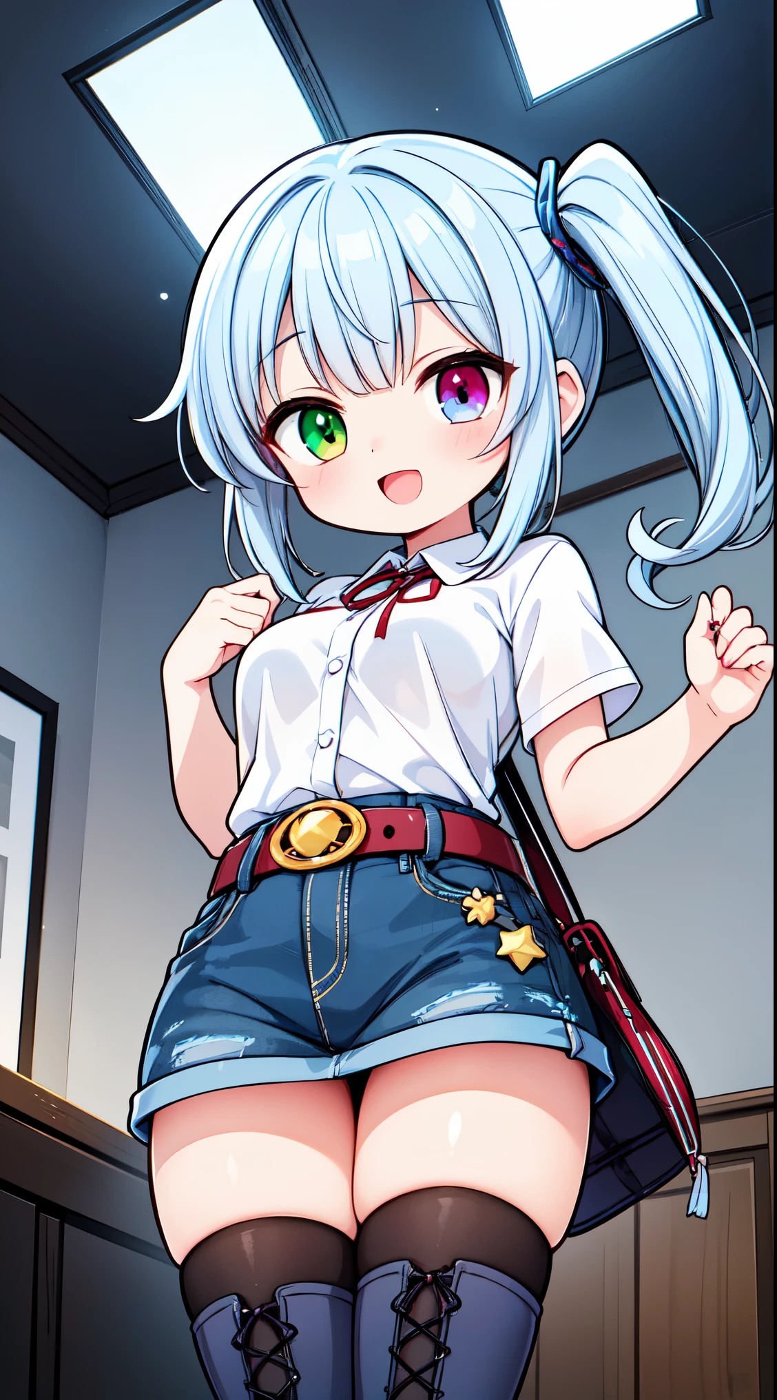 (super fine illustration:1.2),(masterpiece, 8k), (best quality, high quality:1.4), perfect anatomy, hyper detailed, ultra detailed,masterpiece background,beautiful detailed background, v8k wallpaper,perfect design,award-winning art,atmospheric, BREAK, 1 beautiful girl, (s old girl),Solo,(Cute:1.5),(Chibi:0.6),(kawaii:1.5),(:0.5),BREAK,(17 yearirl), 1 beautiful girl,Very detailed,colourfull,highest details,Clear skin,Beautiful skin,Shy,Very detailed,colourfull,highest details,BREAK,Clear skin,Beautiful skin,Shy skin,BREAK,(Heterochromia,blue eyes,Green eyes, Eye Highlights,The first hyperfine stars:1.45),star eye silhouette ,BREAK,(pale blue hair, Medium length:1.4),(side ponytail,A little curly hair,Princess Cut, crossed bangs:1.3),(large breasts,Beautiful breasts(best quality face),(Top quality glowing eyes),(The best smile,:D:1.45), BREAK hands in pocket, close-up thighs,
Tejano Ranchera Fusion,
Embroidered blouse featuring bright floral patterns,
Denim skirt with embroidered details for a modern twist,
Playful mix of traditional and contemporary elements,
Classic cowboy boots with decorative stitching,
Silver concho belt as a statement accessory,
Layered silver jewelry for a ranchera vibe,
Sun-kissed makeup with warm tones,
Loose waves or natural hairstyles for a relaxed look,
Serape or poncho as an additional layer for cooler evenings, BREAK indoors, living room, BREAK,wakame,wakame,wakame,(from below,cowboy shot:1.5) , hanging breasts, nose blush, heavy breathing, steam, ((:o):1.2) BREAK,(Blurry background:1.3),(absurderes, hight resolution, Super Detail Art),cel shading,Clear Color, Lonely optical effect, Beautiful pictures, Bright glow, mystic atmosphere,(Close-up of girl:0.8), Mystical light particle effect,manga influence, clean line drawings