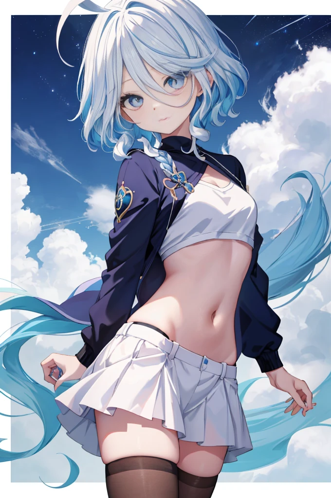 Furina  anime com cabelos brancos e olhos azuis, deus de cabelos brancos, garota retrato, camiseta, sweatshirt, Anime Girl with Cosmic Hair, com cabelos brancos, cabelos brancos, arte digital no Pixiv, retrato de anime Cirno, trends on artstation pixiv, cabelos brancos perfeitos, cabelo branco, retrato de olhos azuis, a miniskirt, (((Navel )))