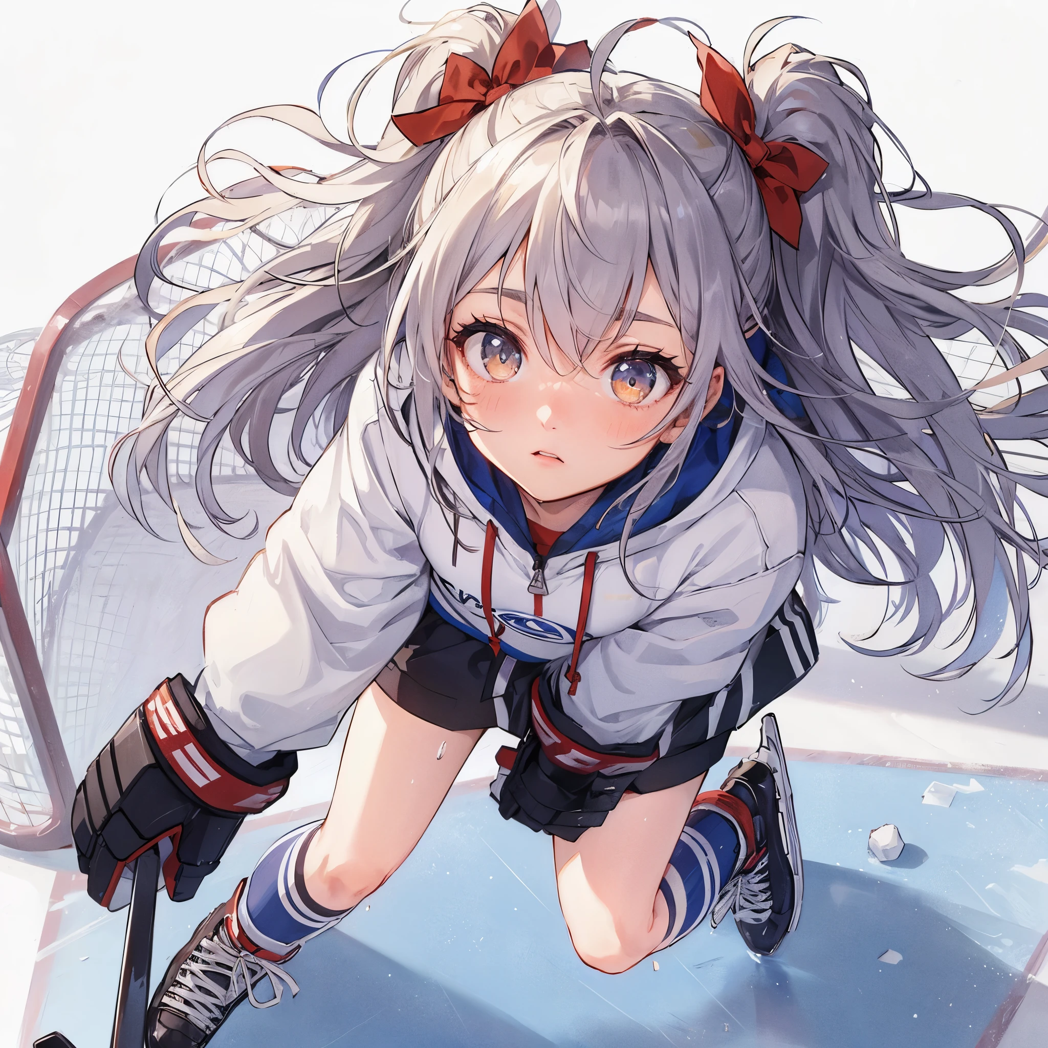 high quality,hd,16k,sharp line,1girl,female ice hockey athlete ,cute face, middle breasts, nice legs, sweat,in ice hockey venue,focus girl,detailed beautiful face,detailed clothes,beautiful eyes,cool,dynamic angle