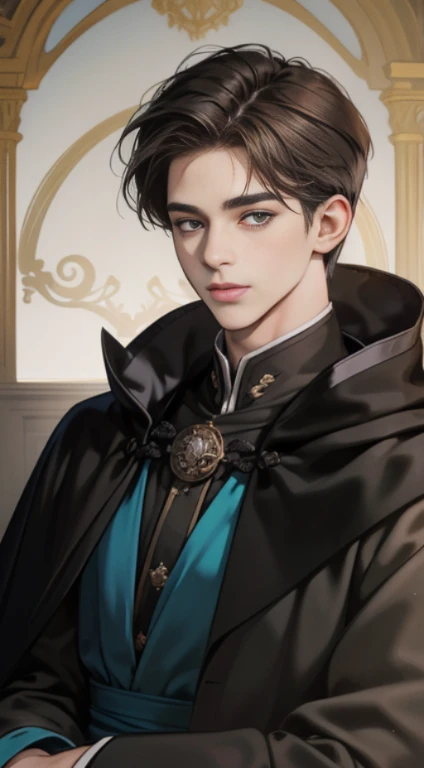 masterpiece, highest quality, detailed face, realistic, 1 man, mature men, Handsome young man, 25 years old, closed mouth, portrait, extremely detailed face, cold and smile, ((dark gray eyes)), ((Short right sweep dark brown hair)), [thick eyebrows], On the throne, ((Long black cloak)), ((All Black)),