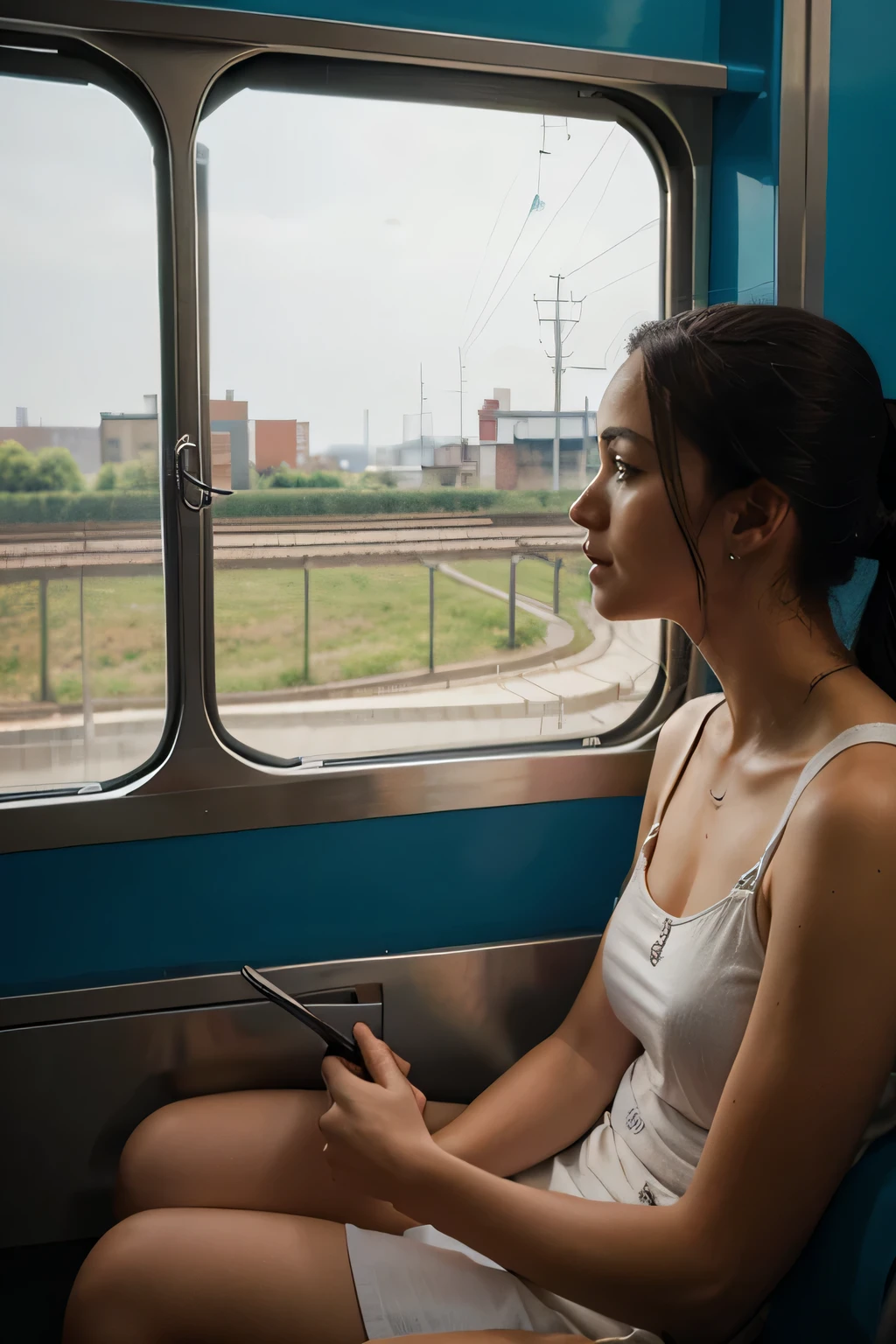 portray a girl, I'm going on a train trip, I am delighted to watch the landscape outside the window. illustration in bright colors, Colorful colors. Most of it is occupied by a window with a view.