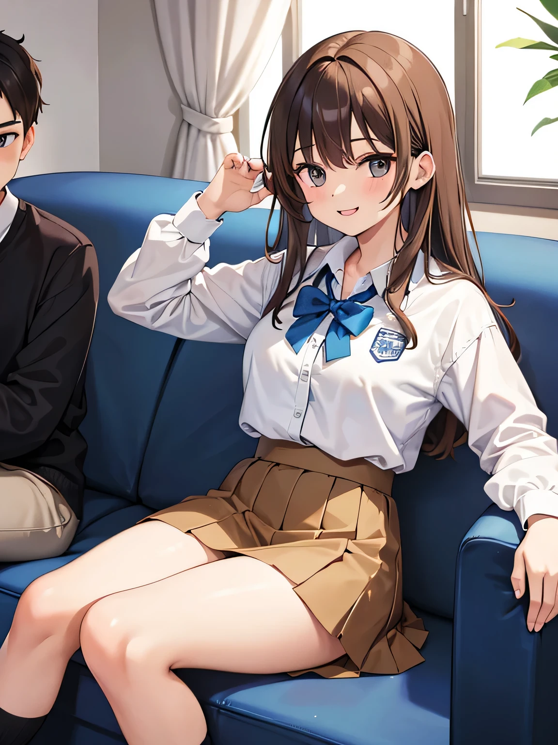 (1) a couple is sitting on a sofa.
(2) The woman is a high school girl with brown hair and wearing a miniskirt.。.
(3) the man wears normal clothes.
(4) both are laughing.
(5) The location is the sofa in the living room of the apartment..