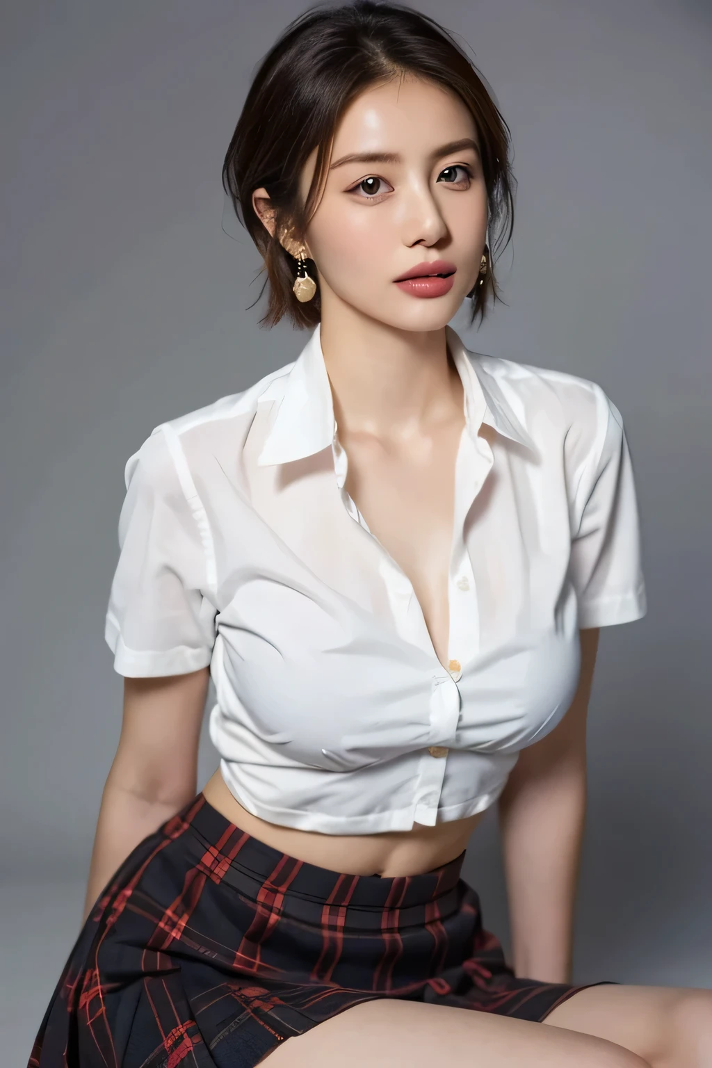 (highest quality,8K,masterpiece),studio photography,
Very beautiful Japan models,fine skin,realistic skin, lip gloss,rouge,
very short hair,pixie cut,
School_uniform, big earrings,costume,expression of ecstasy,
big breasts,peach,
plaid skirt, white shirt, big breasts,emphasize cleavage,Navel exposure,
gray background