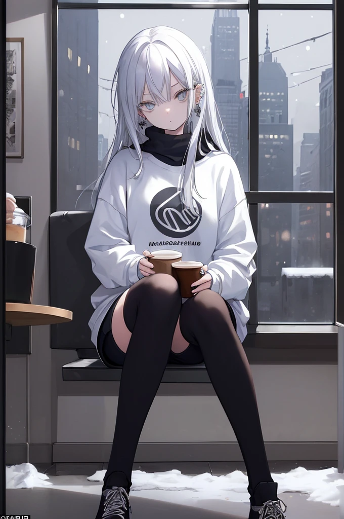 ((masterpiece:1.4, best quality:1.2)), 1girl, solo focus, beautiful skin, white sweatshirt, long white hair, grey eyes, black legwear, sitting, earrings, piercing, coffee shop window, night, snowing, cityscape, tall female, beautiful and delicate female, comfy ambience, {correct posing}, {detailed background}, a miniskirt