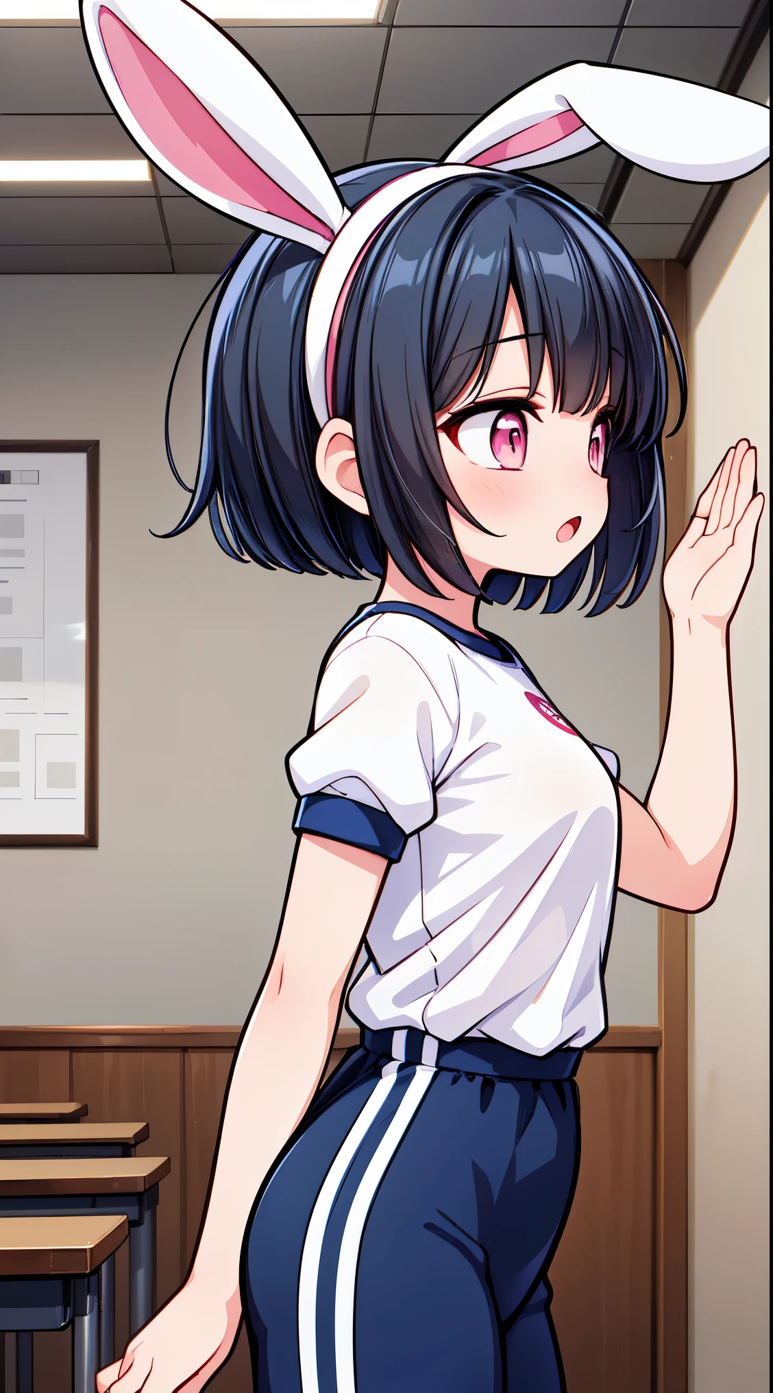 (super fine illustration:1.2),(masterpiece, 8k), (best quality, high quality:1.4), perfect anatomy, hyper detailed, ultra detailed,masterpiece background,beautiful detailed background, v8k wallpaper,perfect design,award-winning art,atmospheric,
BREAK, 1 beautiful horny girl,alone,(cute type:1.5),(Chibi:0.8),(cute type:1.5),(change:0.5),(horny girl, cute, full of energy, change face,slightly swollen chest),(black hair, messy short bob, story me, pink eyes:1.55 ),(full of energy, goofy smile, bad face:1.2),(white bunny ears headband:1.2),
BREAK white ribbon,((white shirt)),((gym navy blue clothes)),white sox,standing,whole body,High five,school classroom,
BREAK,wakame,wakame,wakame,(from side,cowboy shot:1.5) , hanging breasts, nose blush, heavy breathing, steam, ((:o):1.2)
BREAK,(Blurry background:1.3),(absurderes, hight resolution, Super Detail Art),cel shading,Clear Color, Lonely optical effect, Beautiful pictures, Bright glow, mystic atmosphere,(Close-up of girl:0.8), Mystical light particle effect,manga influence, clean line drawings