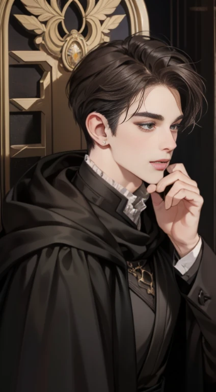 masterpiece, highest quality, detailed face, realistic, 1 man, mature men, Handsome young man, 25 years old, closed mouth, portrait, extremely detailed face, Cold and grin, ((dark gray eyes)), ((Short right sweep dark brown hair)), [thick eyebrows], On the throne, ((Long black cloak)), ((All Black)),