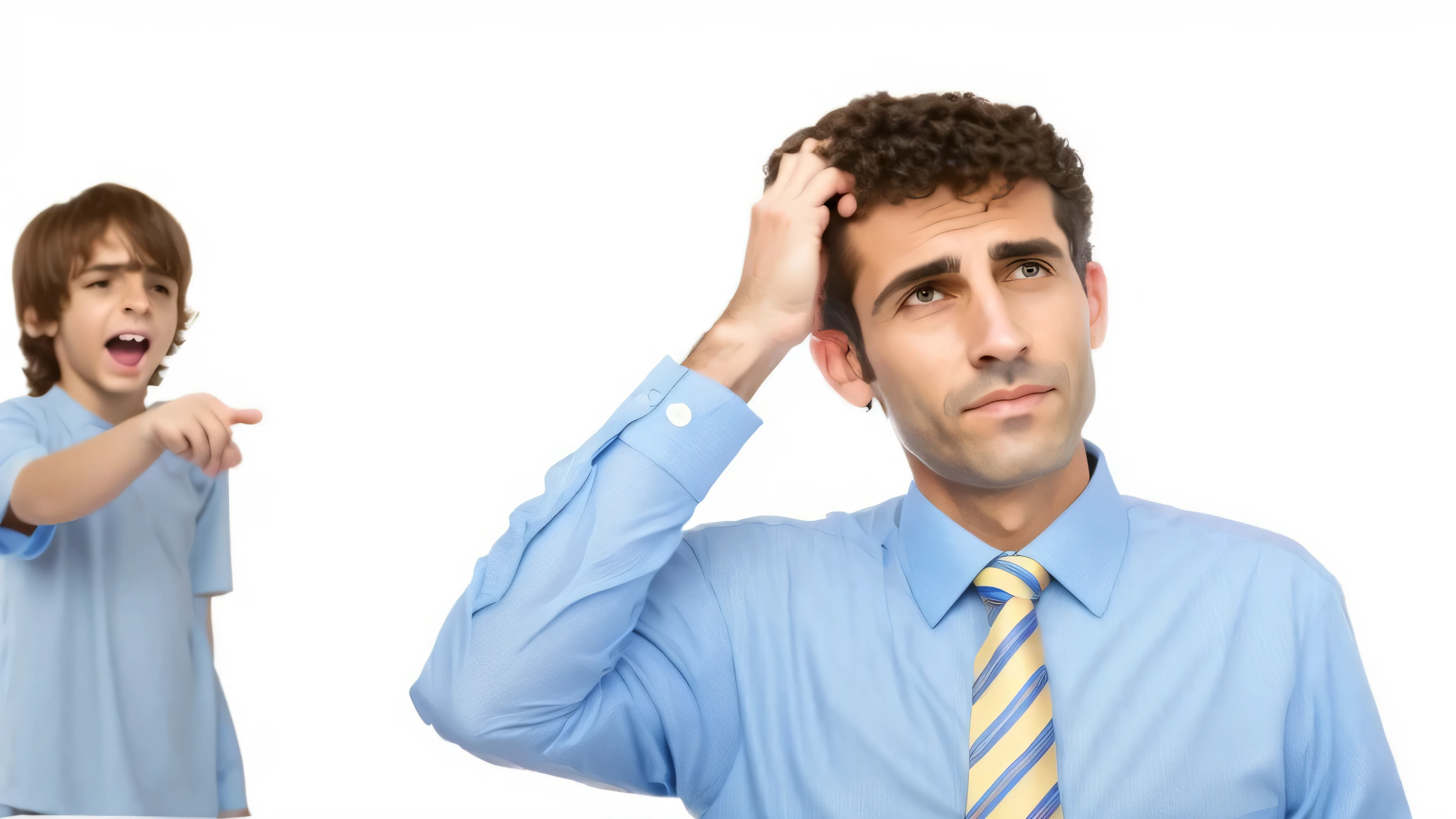 there is a man in a blue shirt and tie pointing at a boy in a blue shirt, sem fundo, hovering indecision, parecendo confuso, mostrando a testa, short hair on top of the head, queda de cabelo, olhando para a direita, foto de retrato, istockphoto, Fotografia de Stock, olhando para a esquerda, chave alta, alta - chave, imagem de estoque, contemplando