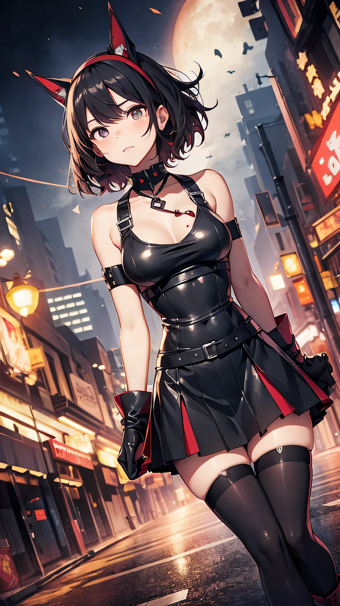 最high quality、best image quality、masterpiece、age girl((18-year-old、 By becoming、vest bust、medium bust,wide open breast tea、black eye, black hair、shortcut、short hair、thin,highest valley、Perforated gloves、Hachimaki、My whole body is full of scars、black tank top、red short skirt、anger expression、red necklace、black stockings、red boots、red heat mask)),high quality、beautiful art、background((Dark road、Red rain、red lighting、Red Moon、bloody road、dark city)),debris flies、Depth of written boundary、movie、visual art、perfect art、8K,genuine