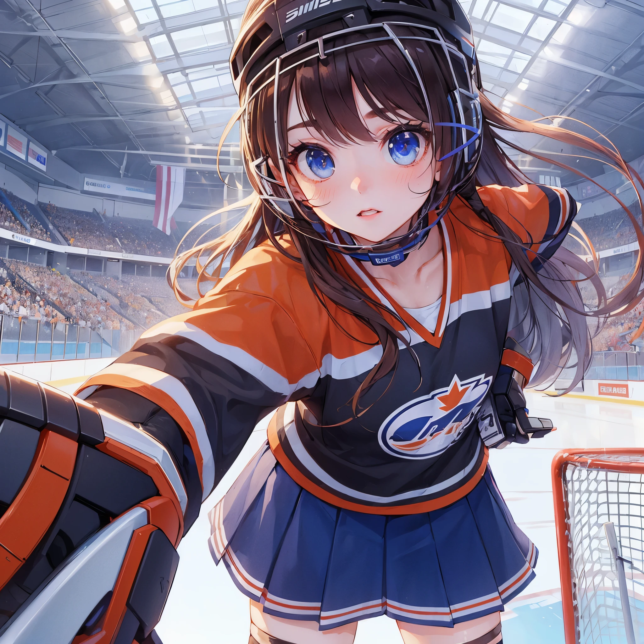 high quality,hd,16k,sharp line,1girl,female ice hockey athlete ,cute face, middle breasts, nice legs, sweat,in ice hockey venue,focus girl,detailed beautiful face,detailed clothes,beautiful eyes,cool,dynamic angle