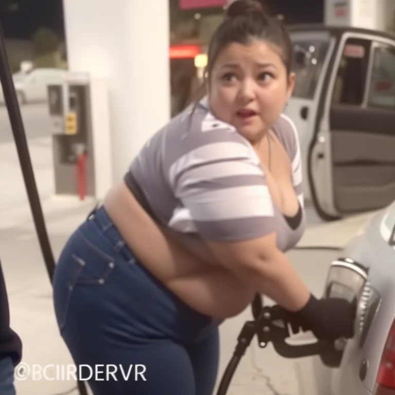 a woman in a striped shirt pumping gas into a car, she has a jiggly fat round belly, thicc, her belly is fat and round, fat woman, low quality video, gas station, gif, so i advised her to get in line, insanely inflated hips, inside a gas station, really funny, tiktok video, # vfxfriday