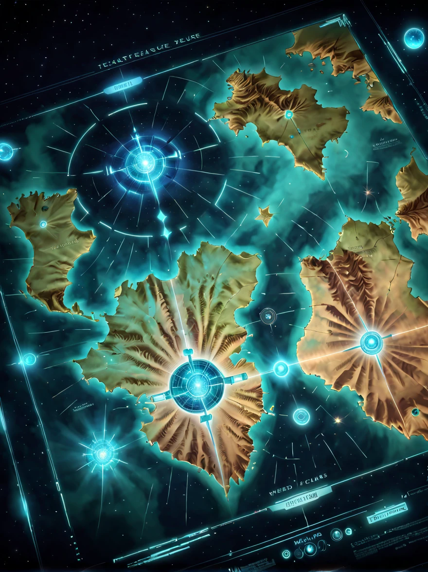 (A future sci-fi electronic map showing the universe)，High-tech civilization electronic holographic projection map，light and shadow map，Cyberpunk world projection map，(Weird treasure map:1.5)，Treasure map of the starry sky，satellite image, first-person view