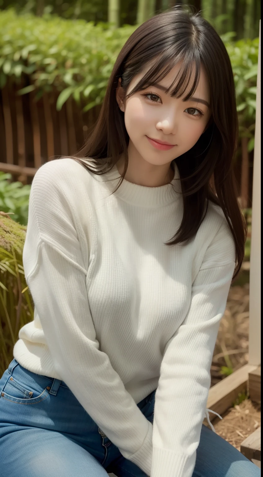 pregirl，smile, looking at the viewer，tight sweater，fitted jeans，photore, Realistic, best quality， detailed face，fine eyes，Sitting on a large mossy stone in a bamboo forest， diffused lighting, Depth of bounds written